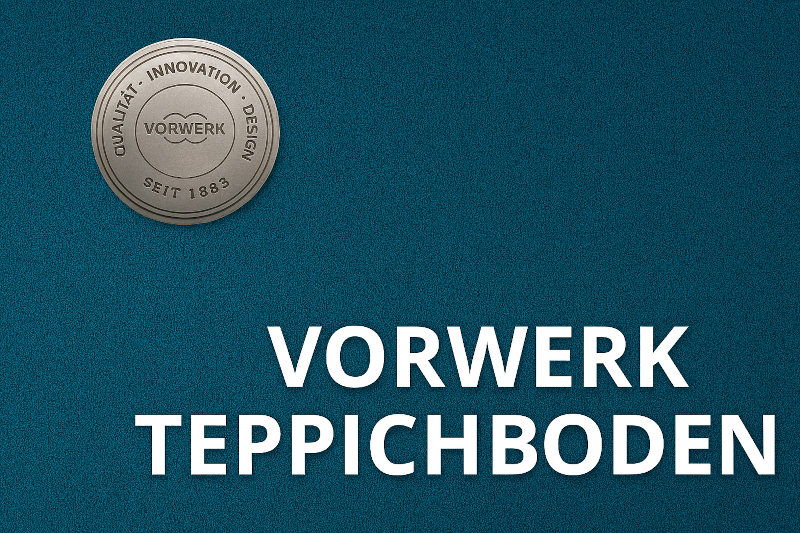 „Kategoriebild für Vorwerk Teppichboden: strukturierter Teppichhintergrund in kräftigem Grünblau mit silbernem Vorwerk-Emblem oben links und weißem Schriftzug ‚VORWERK TEPPICHBODEN‘ in Großbuchstaben.“
